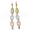 Arete Largo 5.097.008 Oro Laminado, Diseño de Oja, con Blanca Zirconia Cubica, Diamantado, Tres Tonos