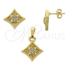 Juego de Arete y Dije de Adulto 10.164.0015 Oro Laminado, Diseño de Flor, con Blanca Cristal, Pulido, Tono Dorado