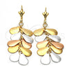 Arete Largo 77.005 Oro Laminado, Diseño de Gota, Cepillado, Tres Tonos