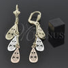 Arete Largo 73.005 Oro Laminado, Diseño de Gota y Flor, Pulido, Tres Tonos