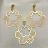 Juego de Arete y Dije de Adulto 5.041.002 Oro Laminado, Diseño de Flor, Pulido, Tres Tonos