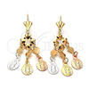 Arete Largo 59.004 Oro Laminado, Diseño de Guadalupe y Corazón, Pulido, Tres Tonos