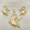 Juego de Arete y Dije de Adulto 5.040.009 Oro Laminado, Diseño de Delfín, con Blanca Cristal, Pulido, Tono Dorado