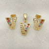 Juego de Arete y Dije de Adulto 5.052.019 Oro Laminado, Diseño de Llave Griega, con Blanca Cristal, Pulido, Tono Dorado