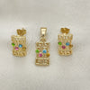 Juego de Arete y Dije de Adulto 5.052.011 Oro Laminado, Diseño de Llave Griega, con Blanca Cristal, Pulido, Tono Dorado