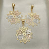 Juego de Arete y Dije de Adulto 5.050.002 Oro Laminado, Diseño de Flor, Pulido, Tres Tonos