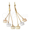 Arete Largo 5.098.008 Oro Laminado, Diseño de Llave Griega, Diamantado, Tres Tonos