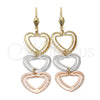 Arete Largo 5.118.014 Oro Laminado, Diseño de Corazón, Diamantado, Tres Tonos
