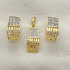 Juego de Arete y Dije de Adulto 10.59.0067 Oro Laminado, Diseño de Llave Griega, con Blanca Cristal, Pulido, Dos Tonos