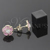 Arete Dormilona 02.64.0261 *PROMO* Oro Laminado, Diseño de Flor, con Blanca Cristal, Esmaltado Rosado, Tono Dorado