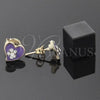 Arete Dormilona 02.64.0277 *PROMO* Oro Laminado, Diseño de Corazón y Flor, con Blanca Cristal, Esmaltado Violeta, Tono Dorado