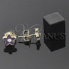 Arete Dormilona 02.64.0322 *PROMO* Oro Laminado, Diseño de Flor, con Blanca Cristal, Esmaltado Violeta, Tono Dorado