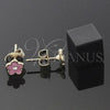 Arete Dormilona 02.64.0335 *PROMO* Oro Laminado, Diseño de Flor, con Blanca Cristal, Esmaltado Rosado, Tono Dorado