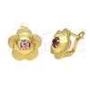Arete Gancho Frances 5.127.051 Oro Laminado, Diseño de Flor, con Fucsia Zirconia Cubica, Diamantado, Tono Dorado