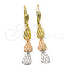 Arete Largo 02.63.2142 Oro Laminado, Diseño de Gota, Diamantado, Tres Tonos