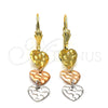 Arete Largo 02.63.2145 Oro Laminado, Diseño de Corazón, Diamantado, Tres Tonos