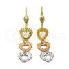Arete Largo 02.63.2155 Oro Laminado, Diseño de Corazón, Diamantado, Tres Tonos