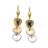 Arete Largo 02.63.2178 Oro Laminado, Diseño de Corazón, Diamantado, Tres Tonos