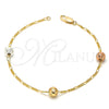 Pulsera Elegante 03.08.0129.08 Chapa de Oro, Diseño de Bola, Diamantado, Tres Tonos (30 MM Thickness, 8 Inches Length)