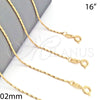 Gargantilla Basica 04.09.0005.16 Oro Laminado, Diseño de Torcido, Diamantado, Tono Dorado (02 MM Thickness, 16 Inches Length)