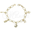 Pulsera de Dije 5.020.009.1 Oro Laminado, Diseño de Gato y Flor, Pulido, Tono Dorado (0.40 Gauge, 07 MM Thickness, 7 Inches Length)