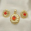 Juego de Arete y Dije de Adulto 5.046.004.1 Oro Laminado, con Rojo Naranja Zirconia Cubica, Pulido, Tono Dorado