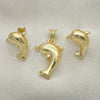 Juego de Arete y Dije de Adulto 10.59.0177 Oro Laminado, Diseño de Delfín, con Blanca Cristal, Pulido, Tono Dorado