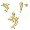 Juego de Arete y Dije de Adulto 10.59.0177 Oro Laminado, Diseño de Delfín, con Blanca Cristal, Pulido, Tono Dorado