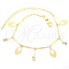 Tobillera de Dije 03.63.1275.10 Oro Laminado, Diseño de Oja, con Blanca Zirconia Cubica, Diamantado, Tono Dorado (01 MM Thickness, 10 Inches Length)