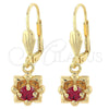 Arete Colgante 02.63.2452.1 Oro Laminado, Diseño de Flor, con Granate Zirconia Cubica, Pulido, Tono Dorado