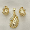 Juego de Arete y Dije de Adulto 10.160.0038 Oro Laminado, Diseño de Gota, con Blanca Cristal, Pulido, Tono Dorado
