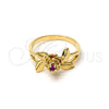Anillo Elegante 5.172.021.08 Oro Laminado, Diseño de Flor y Oja, con Fucsia Zirconia Cubica, Pulido, Tono Dorado (Size 8)