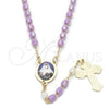 Rosario Fino 09.02.0026.18 Oro Laminado, Diseño de Caridad del Cobre y Cruz, con Lavender and Blanca Cristal, Pulido, Tono Dorado