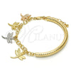 Pulsera de Dije 03.63.1821.1.08 Oro Laminado, Diseño de Libélula y Hueco, Diamantado, Tres Tonos (05 MM Thickness, 8 Inches Length)
