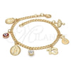 Pulsera de Dije 03.32.0072.07 Oro Laminado, Diseño de Guadalupe y Ojo Griego, con Blanca Zirconia Cubica, Resinado Rojo, Tono Dorado (7 Inches Length)