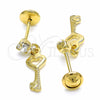 Arete Dormilona 02.09.0165 Oro Laminado, Diseño de Llave, con Blanca Zirconia Cubica, Pulido, Tono Dorado