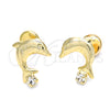 Arete Dormilona 02.09.0171 Oro Laminado, Diseño de Delfín, con Blanca Zirconia Cubica, Pulido, Tono Dorado