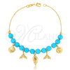 Pulsera de Dije 03.32.0183.07 Oro Laminado, Diseño de Pescado, con Turquoise Perla, Pulido Azul, Tono Dorado (01 MM Thickness, 7 Inches Length)