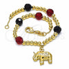 Pulsera de Dije 03.32.0228.07 Oro Laminado, Diseño de Elefante y Bola, con Negro Azavache and Rubi Cristal, Pulido, Tono Dorado (7 Inches Length)