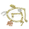 Pulsera de Dije 03.351.0027.07 Oro Laminado, Diseño de Búho y Elefante, Pulido, Tres Tonos (04 MM Thickness, 7 Inches Length)