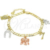 Pulsera de Dije 03.351.0027.07 Oro Laminado, Diseño de Búho y Elefante, Pulido, Tres Tonos (04 MM Thickness, 7 Inches Length)