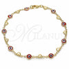 Tobillera Elegante 03.326.0008.1.10 Oro Laminado, Diseño de Ojo Griego y Corazón, Resinado Rojo, Tono Dorado (07 MM Thickness, 10 Inches Length)