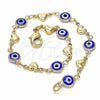 Pulsera Elegante 03.326.0008.2.08 Oro Laminado, Diseño de Ojo Griego y Corazón, Resinado Azul, Tono Dorado (07 MM Thickness, 8 Inches Length)