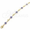 Tobillera Elegante 03.326.0008.2.10 Oro Laminado, Diseño de Ojo Griego y Corazón, Resinado Azul, Tono Dorado (07 MM Thickness, 10 Inches Length)