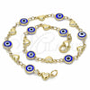 Tobillera Elegante 03.326.0008.2.10 Oro Laminado, Diseño de Ojo Griego y Corazón, Resinado Azul, Tono Dorado (07 MM Thickness, 10 Inches Length)