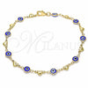 Tobillera Elegante 03.326.0008.2.10 Oro Laminado, Diseño de Ojo Griego y Corazón, Resinado Azul, Tono Dorado (07 MM Thickness, 10 Inches Length)