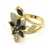 Anillo Multi Piedra 01.283.0010.07 Oro Laminado, Diseño de Flor, con Negro and Blanca Zirconia Cubica, Pulido, Tono Dorado (Size 7)