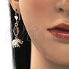Arete Largo 02.351.0021.1 Oro Laminado, Diseño de Elefante, con Granate Zirconia Cubica, Pulido, Tono Dorado