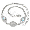 Pulsera Elegante 03.286.0009.07 Plata Rodinada, Diseño de Ojo Griego, con Micro Pave Blanca y Zirconia Cubica Blanca, Esmaltado Turquesa, Rodinado (Grosor 02 MM, 7 Pulgadas de Largo)
