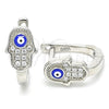 Argolla Huggie 02.336.0155.12 Plata Rodinada, Diseño de Mano de Dios y Ojo Griego, con Zirconia Cubica Blanca, Esmaltado Azul, Rodinado